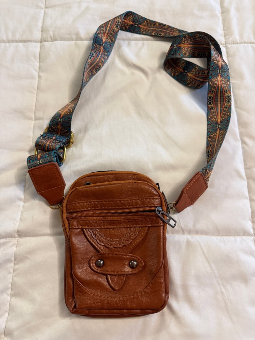 Leather Travel Crossbody Bag with Patterned Strap - Tan